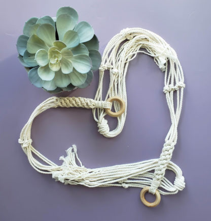 Two completed crown knot plant hangers in natural recycled cotton rope